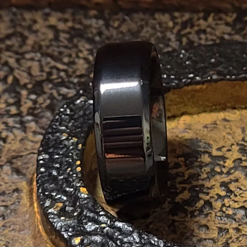 Men's Black Wedding Ring Band - Guys Black Wedding Ring Step Edges